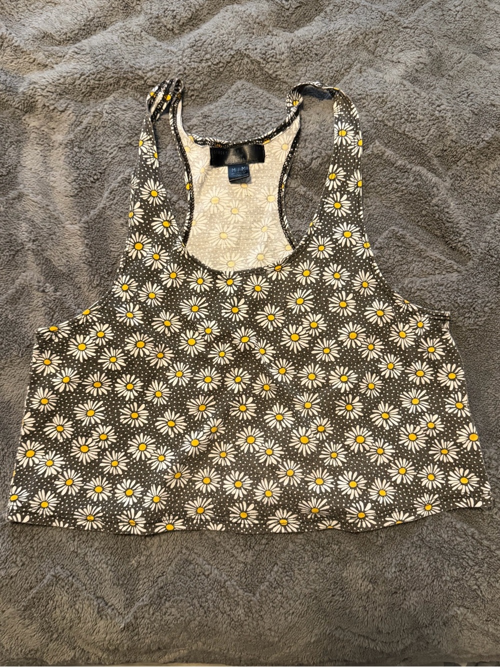 Daisy Print Racerback Crop Tank Top - Black & White with Yellow Accents